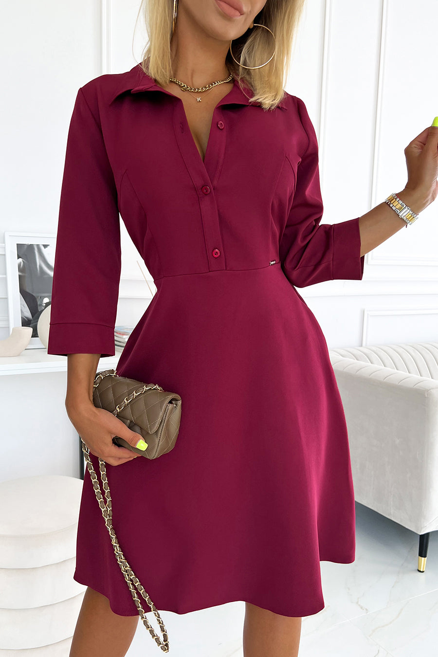 Numoco 286-5 SANDY Flared shirt dress - Burgundy color