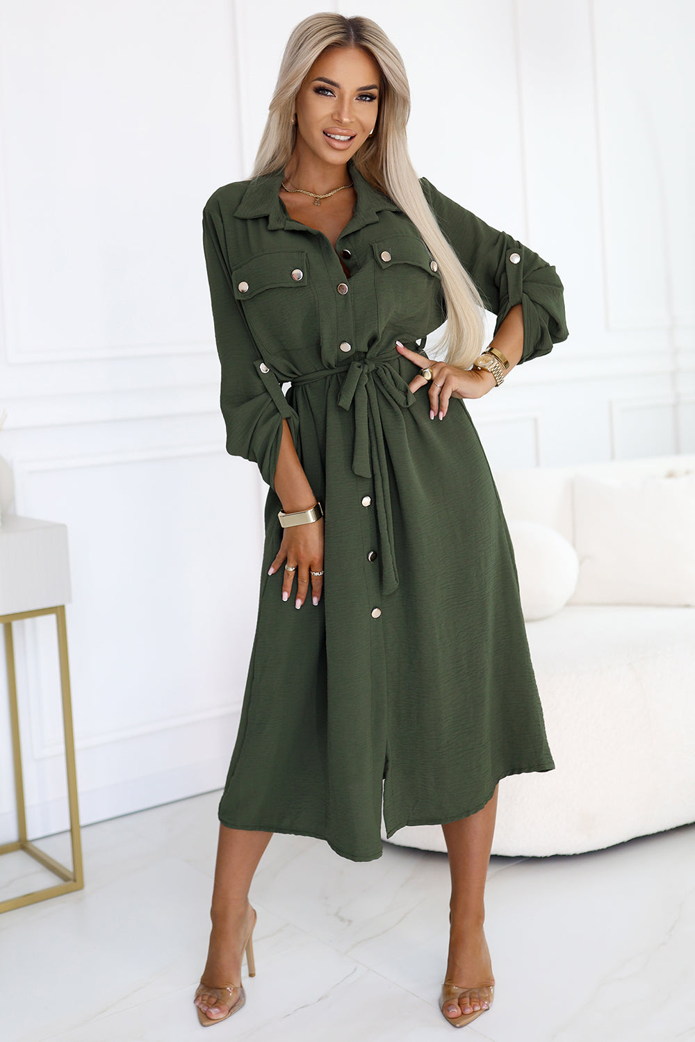 Numoco Basic 531-5 Midi Shirt Dress with Gold Buttons and Tie - KHAKI