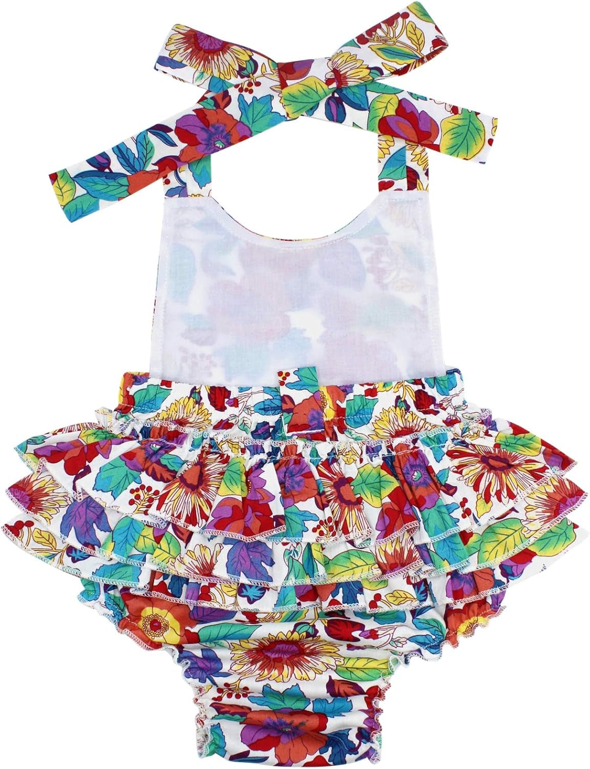 2PCS Baby Girl Romper Floral Bodysuit Headband Summer Outfit Clothes,9E56A,12-24 Months(Size L)
