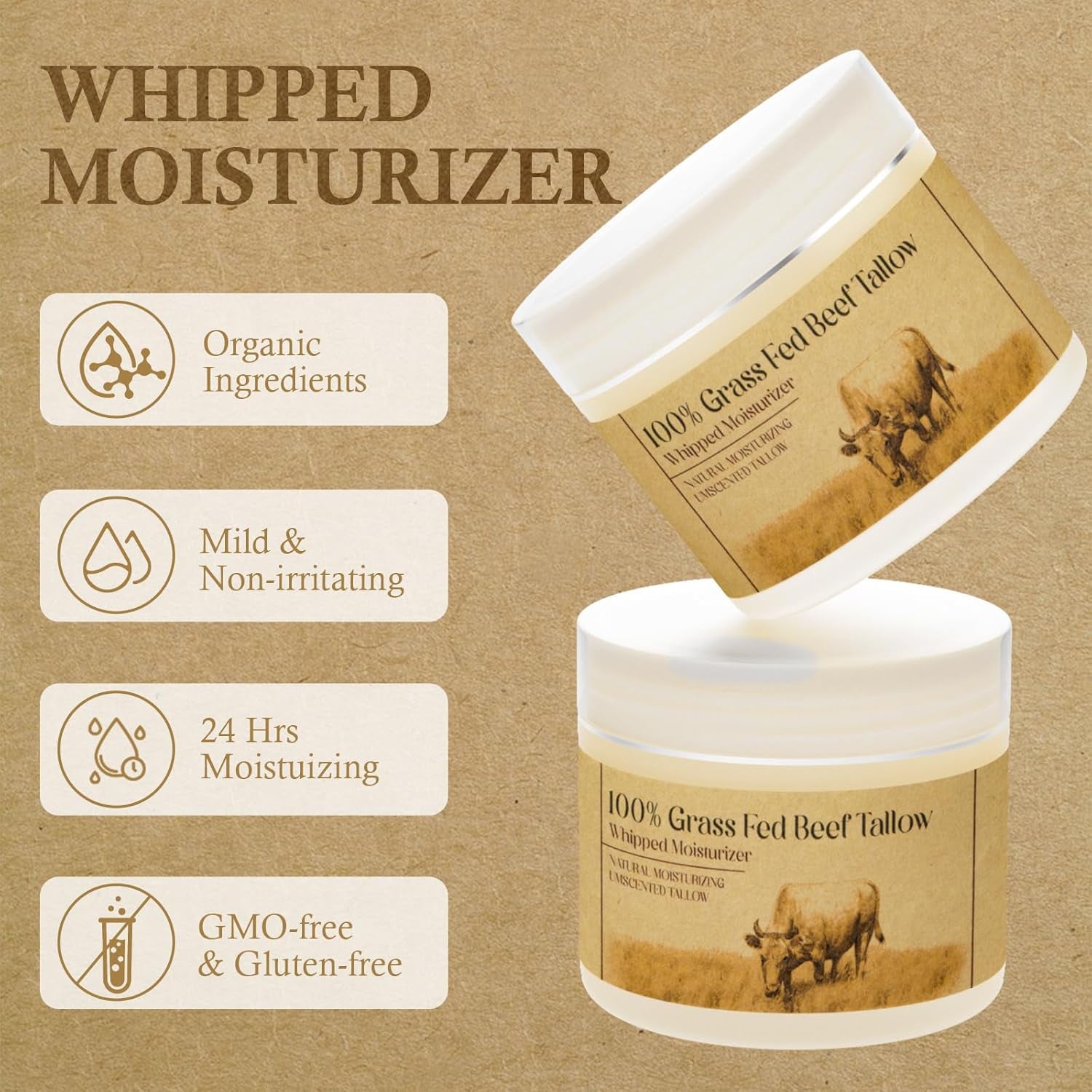 Beef Tallow for Skin,Beef Tallow,Grass-Fed Beef Tallow,Unscented Beef Tallow Cream for Face and Body Lotion Natural Moisturizer for Skin Care