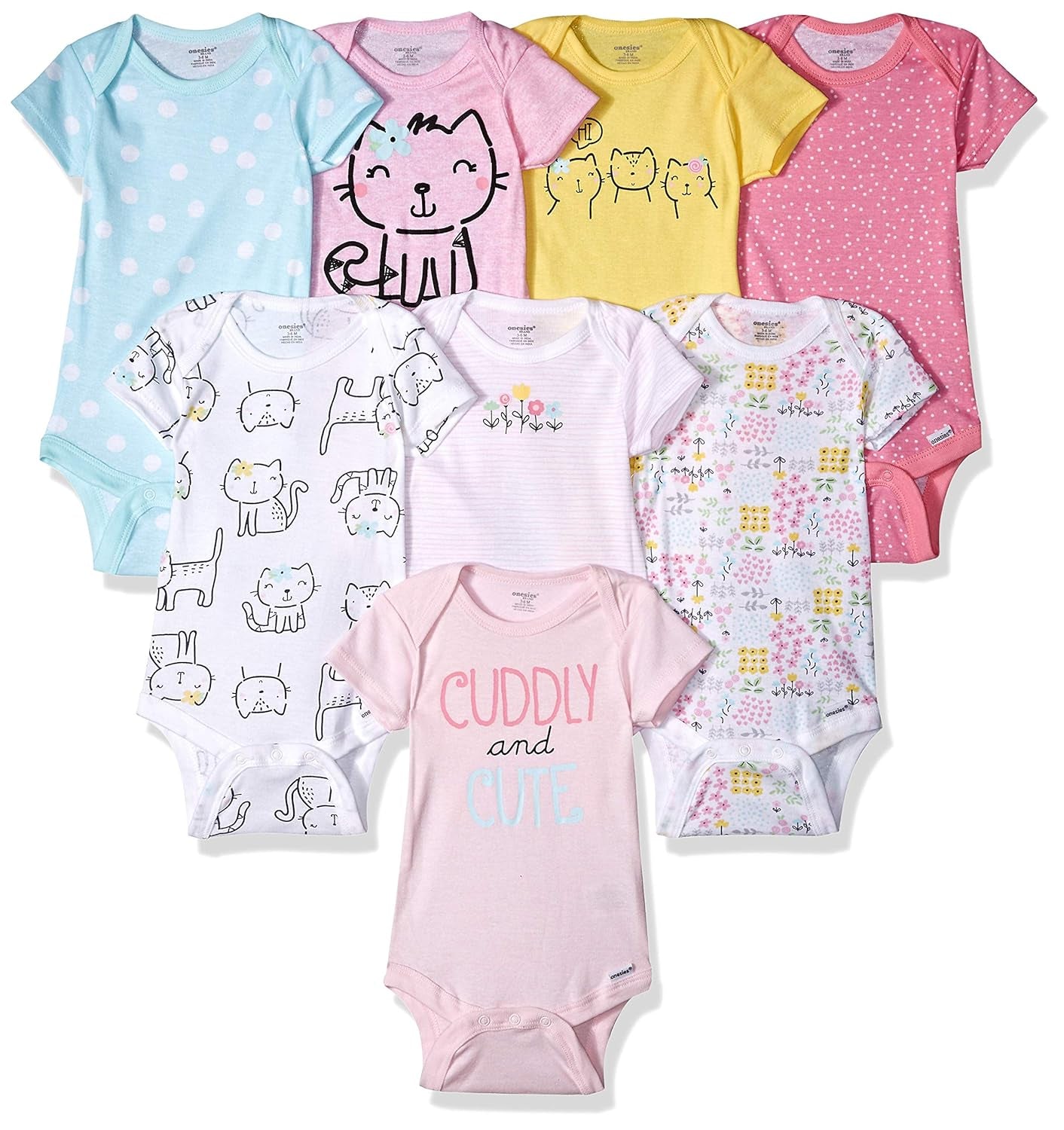 Baby Girl'S 8-Pack Short Sleeve Mix & Match Bodysuits, Cuddly Cats & Flowers, 12 Months