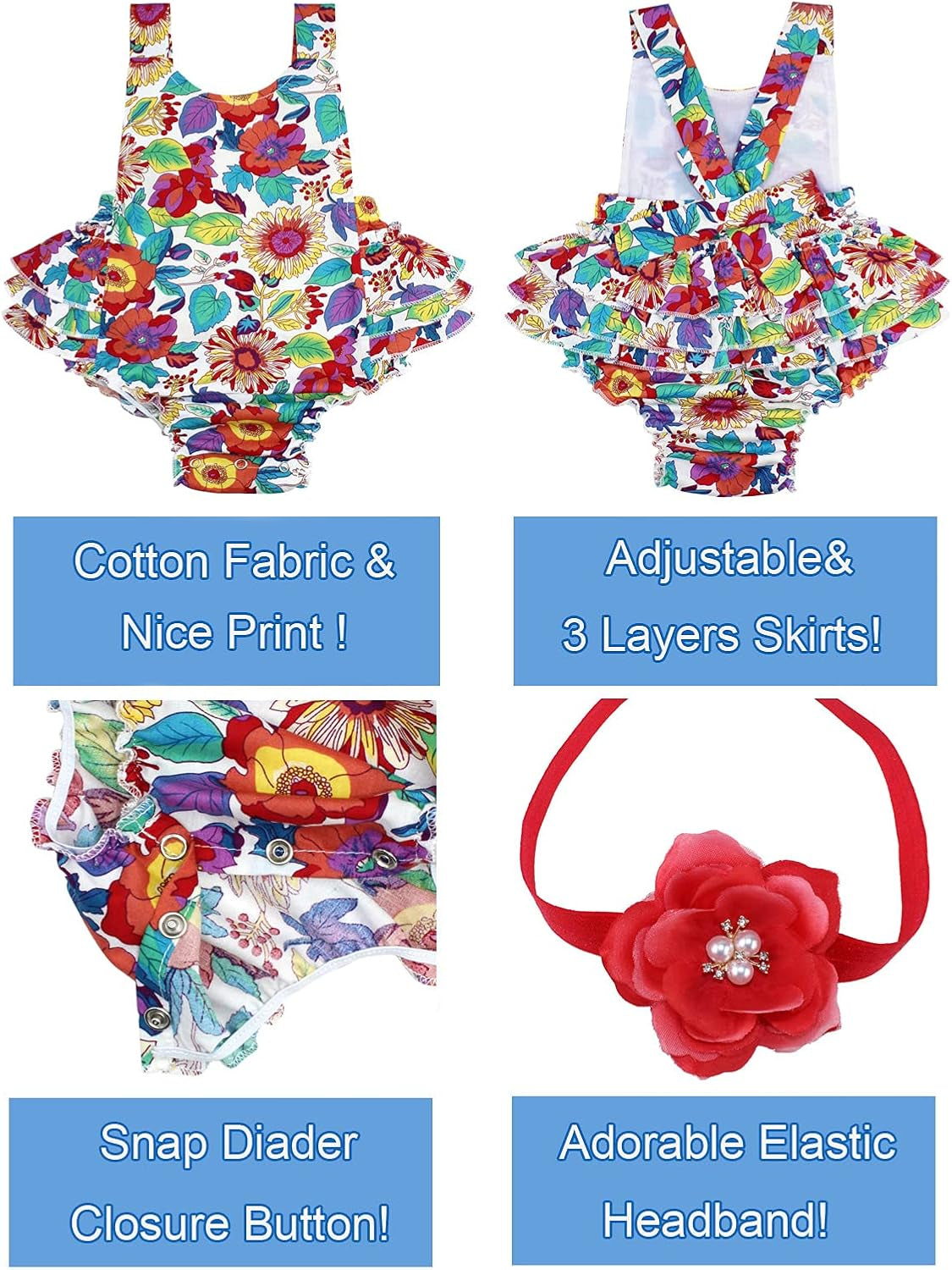 2PCS Baby Girl Romper Floral Bodysuit Headband Summer Outfit Clothes,9E56A,12-24 Months(Size L)