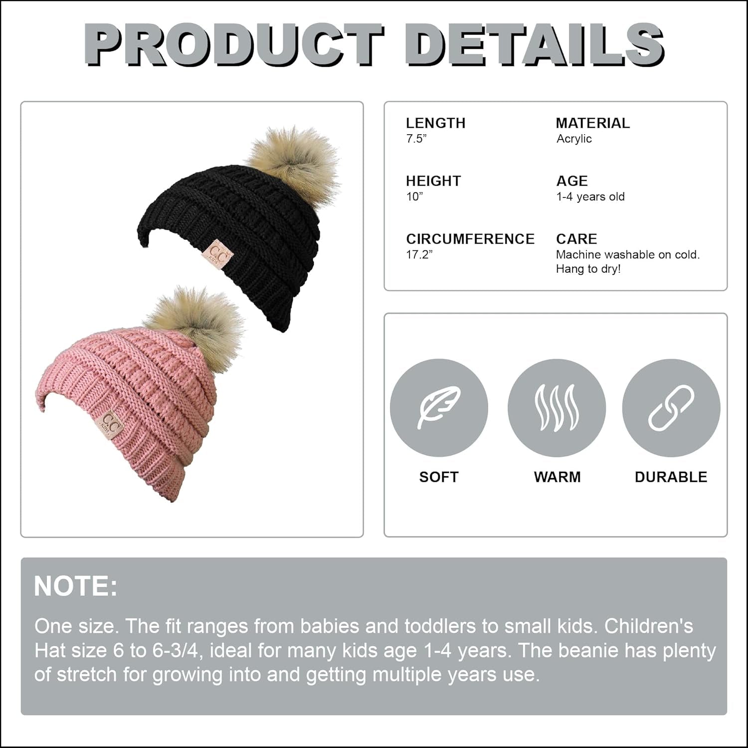 Cozy Toddler Cable Knit Pom Beanie - Warm Winter Hat for Kids