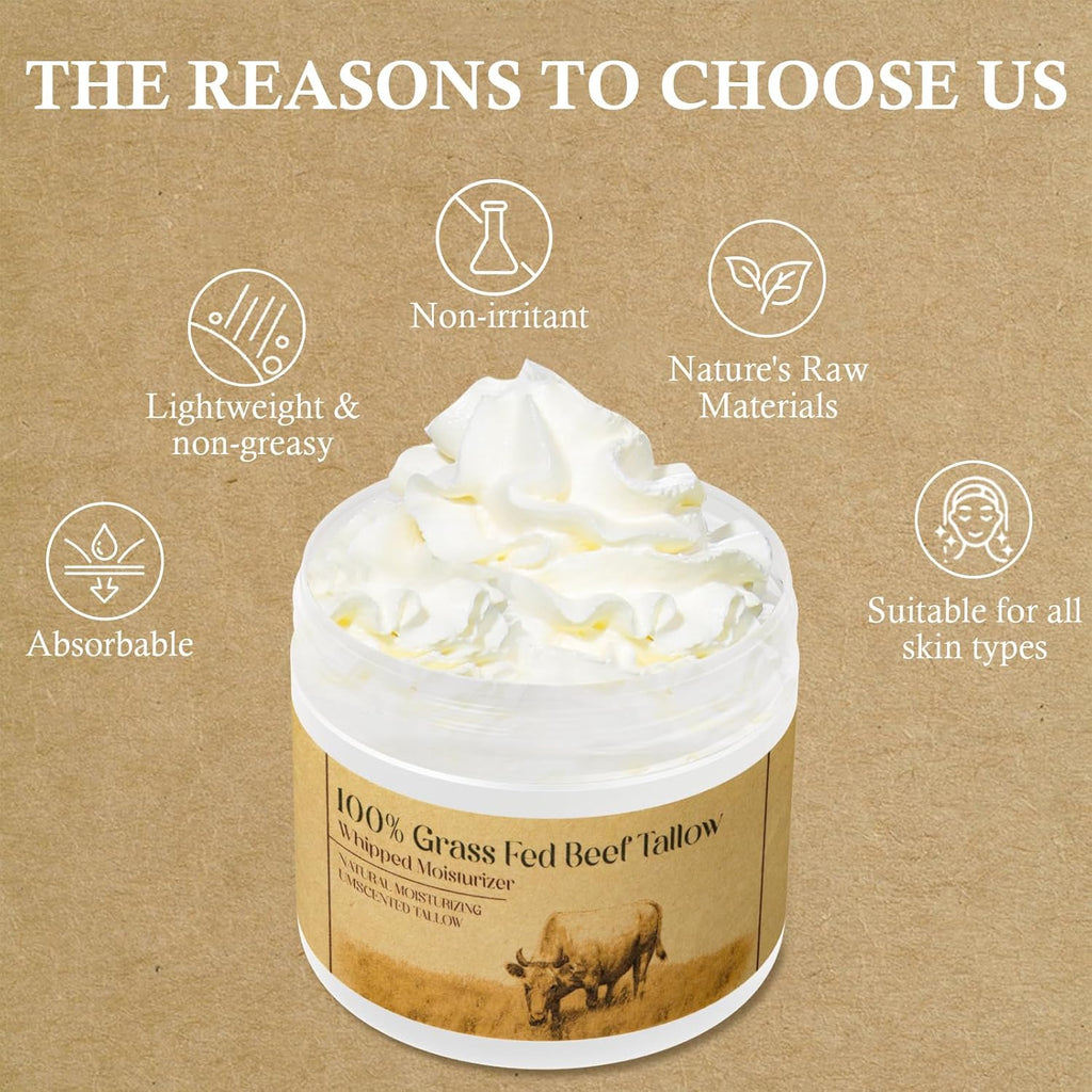 Beef Tallow for Skin,Beef Tallow,Grass-Fed Beef Tallow,Unscented Beef Tallow Cream for Face and Body Lotion Natural Moisturizer for Skin Care