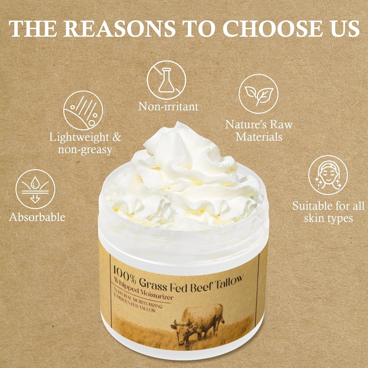 Beef Tallow for Skin,Beef Tallow,Grass-Fed Beef Tallow,Unscented Beef Tallow Cream for Face and Body Lotion Natural Moisturizer for Skin Care