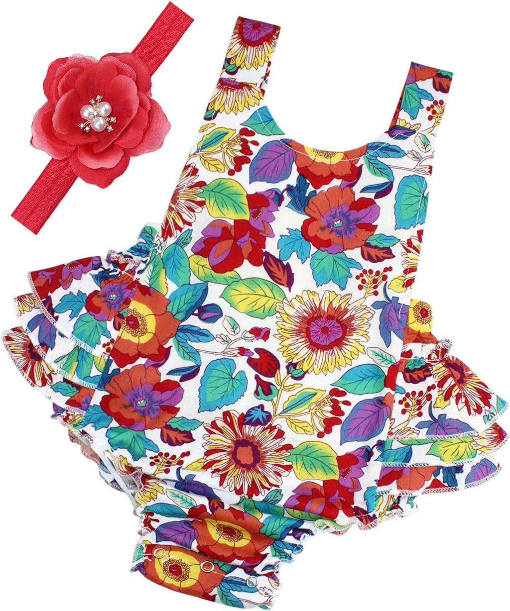 2PCS Baby Girl Romper Floral Bodysuit Headband Summer Outfit Clothes,9E56A,12-24 Months(Size L)